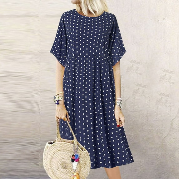 Summer Dresses for Women 2025 Ndbuld Women Casual Fashion Loose Printed Sleeveeless Pocket Round Neck Dress Navy XL