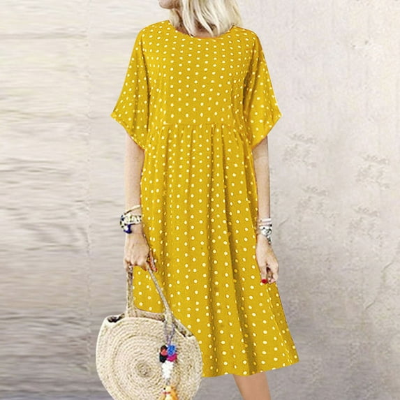 Summer Dresses for Women 2025 Ndbuld Women Casual Fashion Loose Printed Sleeveeless Pocket Round Neck Dress Yellow XXXXL