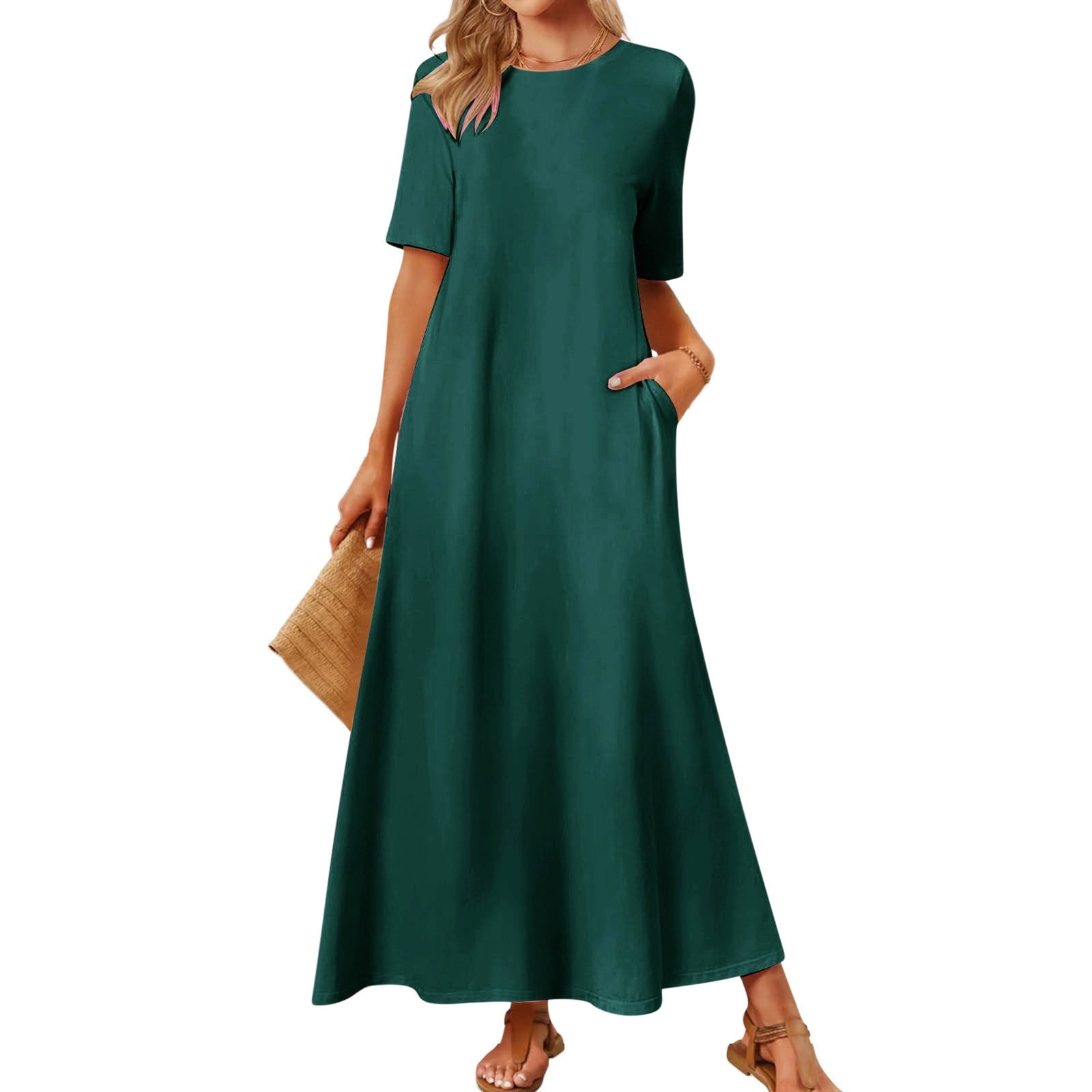 Summer Dresses for Women 2025 Ndbuld Women's Casual Solid Color Round