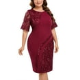 thumbnail image 1 of Summer Dresses for Women 2025 Ndbuld Women's Fashionable Large Size Short Sleeve Lace Patchwork Round Neck Dress Wine XXL, 1 of 2