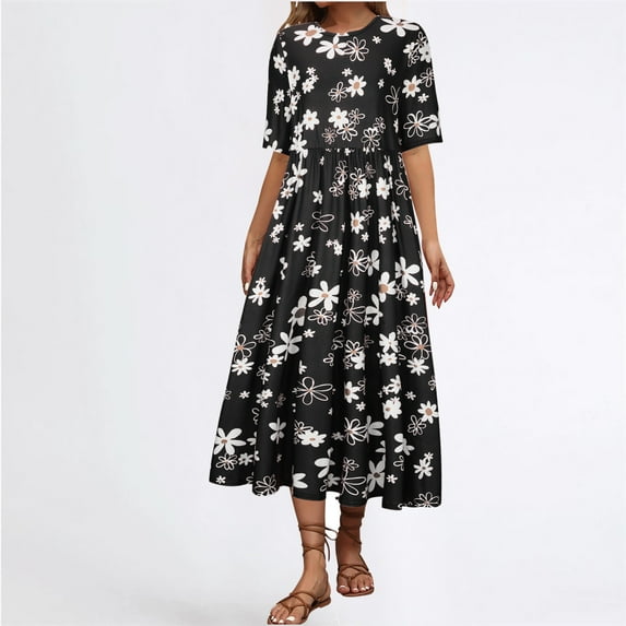 Summer Dresses for Women 2025 Ndbuld Womens New Fashion Loose Round Neck Short Sleeve Printing Flowy Dresses Evergreen Black XXL