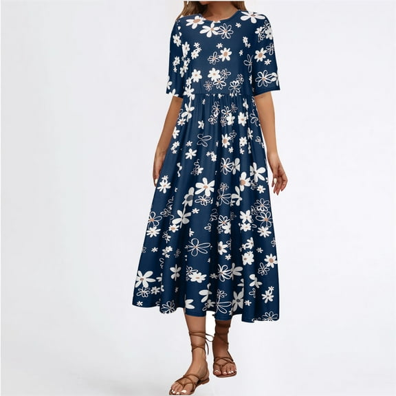 Summer Dresses for Women 2025 Ndbuld Womens New Fashion Loose Round Neck Short Sleeve Printing Flowy Dresses Evergreen Blue XXXXXL