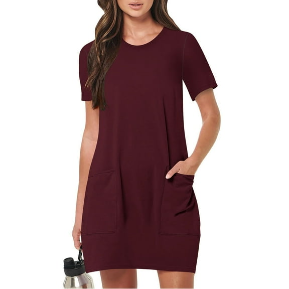 Summer Dresses for Women 2025 New Women Fashion Summer Solid Color Short Sleeve Round Neck Pocket Dress Wine S-Xxl