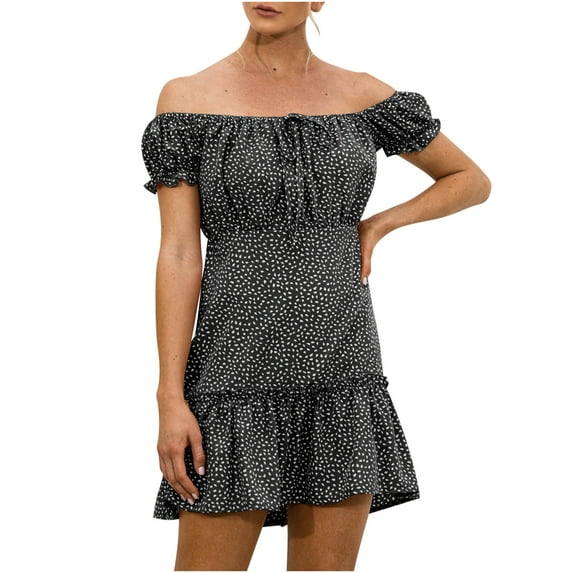 Summer Dresses for Women Off Shoulder Mini Short Dress Short Sleeve Boho Ruffle A Line Flowy Beach Sundresses