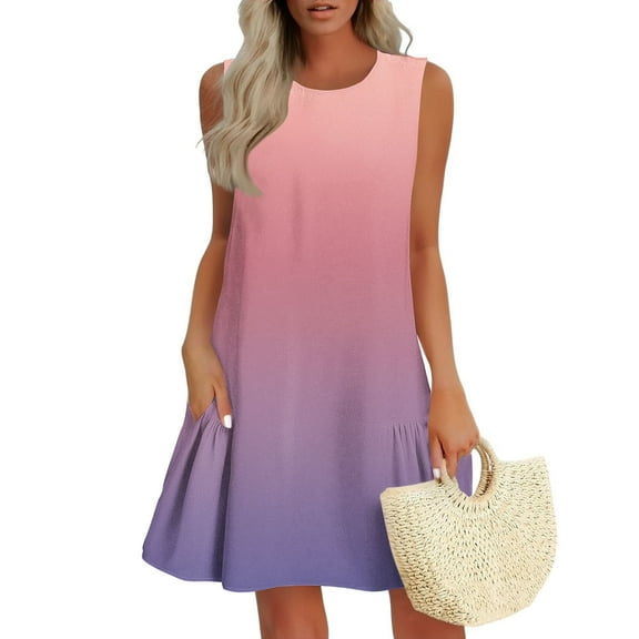 Summer Dresses for Women 2025 Plus Size Gradient Pleated Sleeveless Crew Neck Mini Dress Sundresses for Women Beach Fashion