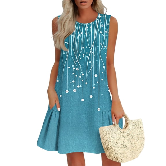 Summer Dresses for Women 2025 Plus Size Gradient Pleated Sleeveless Crew Neck Mini Dress Sundresses for Women Beach Fashion