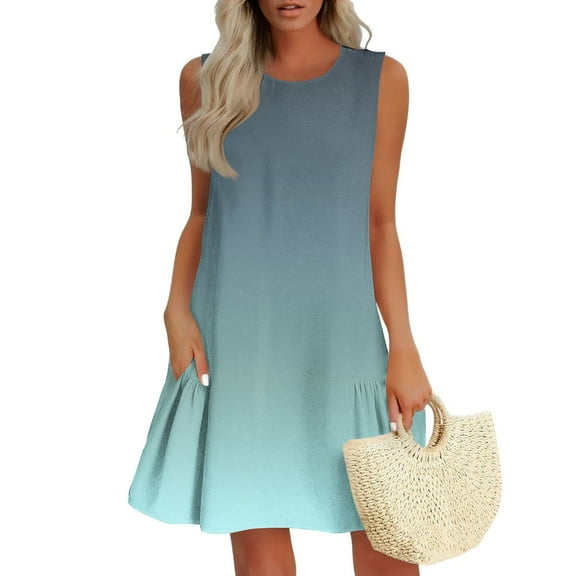 Summer Dresses for Women 2025 Plus Size Gradient Pleated Sleeveless Crew Neck Mini Dress Sundresses for Women Beach Fashion