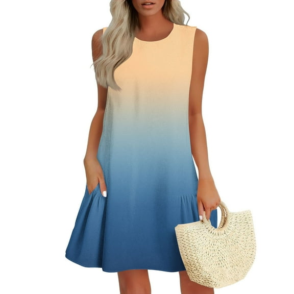Summer Dresses for Women 2025 Plus Size Gradient Pleated Sleeveless Crew Neck Mini Dress Sundresses for Women Beach Fashion