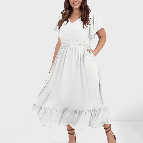 Summer Dresses for Women 2025 Plus Size Ruffle Sleeve V-Neck Swing Maxi Dress Sundresses for Women Beach Fashion