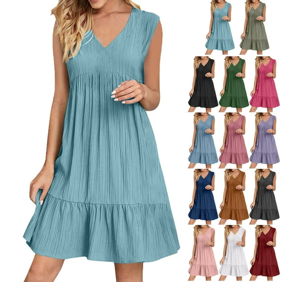 Summer Dresses for Women 2025 Plus Size Summer Holiday Solid Color Sleeveless Party Beach Vacation Mini Swing Dress Sundress