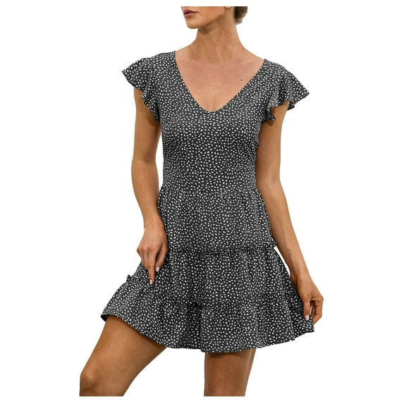 Summer Dresses for Women Ruffle Short Sleeve Fashion Printing Mini Dress V Neck Tiered Flowy A Line Beach Dress