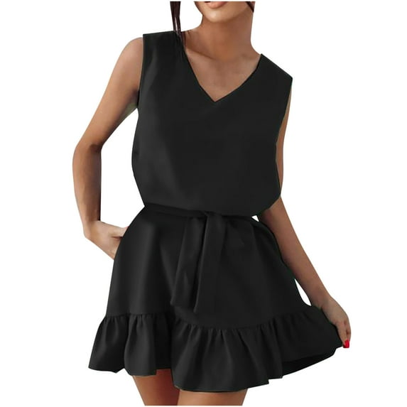 Summer Dresses for Women Sleeveless V Neck Ruffles Short Mini Dress Tie Waisted A Line Dress for Casual Work