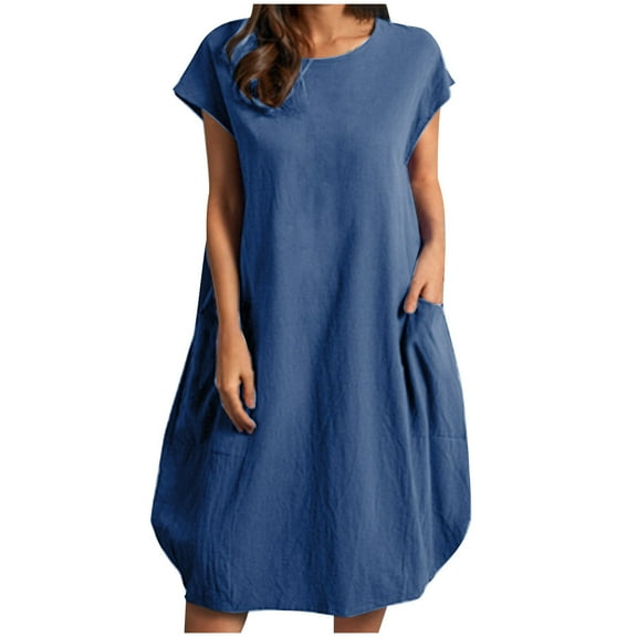 Summer Dresses for Women 2025 Solid Color Cap Sleeve Midi Dress Loose Fit Crewneck Casual Pockets Beach Sundress
