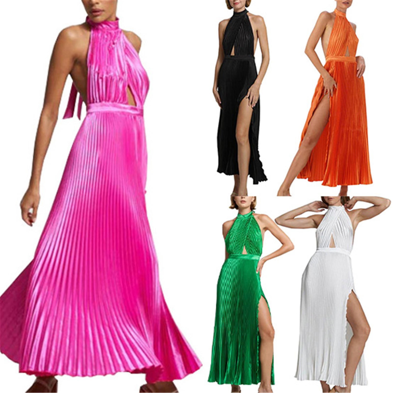 Summer Dresses for Women 2025 Trendy Pleated Halter Neck Solid Color ...