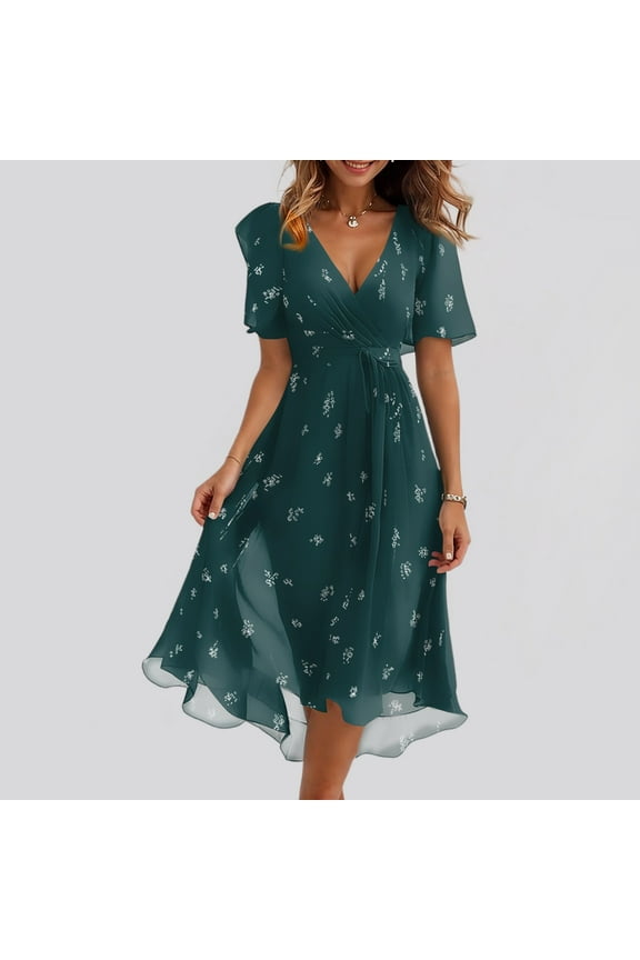 Summer Dresses for Women 2025 V Neck Chiffon Short Sleeve Midi Dress Tie Empire Waist Casual Loose Fit A Line Dress Dark Green XL