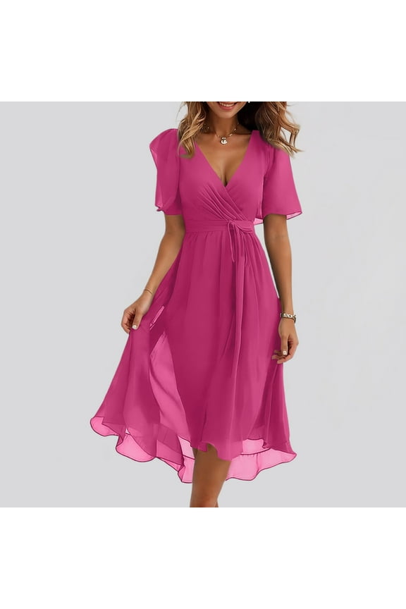 Summer Dresses for Women 2025 V Neck Chiffon Short Sleeve Midi Dress Tie Empire Waist Casual Loose Fit A Line Dress Hot Pink S