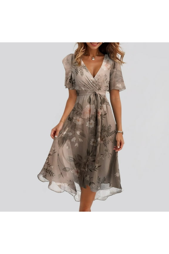 Women's Summer Floral Boho Dress Wrap V Neck Short Sleeve Chiffon Tie Waist Ruffle A-Line Flowy Maxi Wedding Guest Dresses Light Brown M
