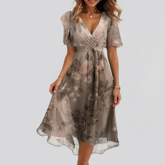 Summer Dresses for Women 2025 V Neck Chiffon Short Sleeve Midi Dress Tie Empire Waist Casual Loose Fit A Line Dress Light Brown S