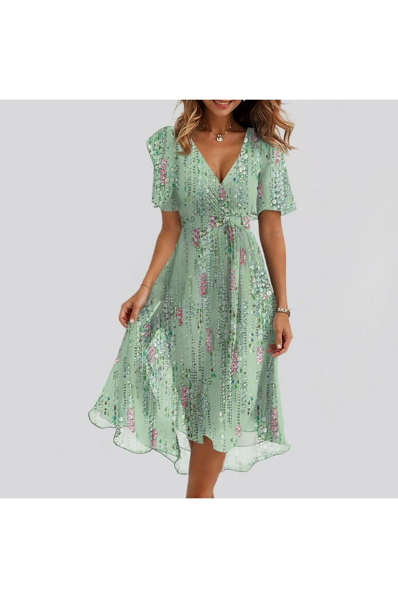 Summer Dresses for Women 2025 V Neck Chiffon Short Sleeve Midi Dress Tie Empire Waist Casual Loose Fit A Line Dress Mint Green L