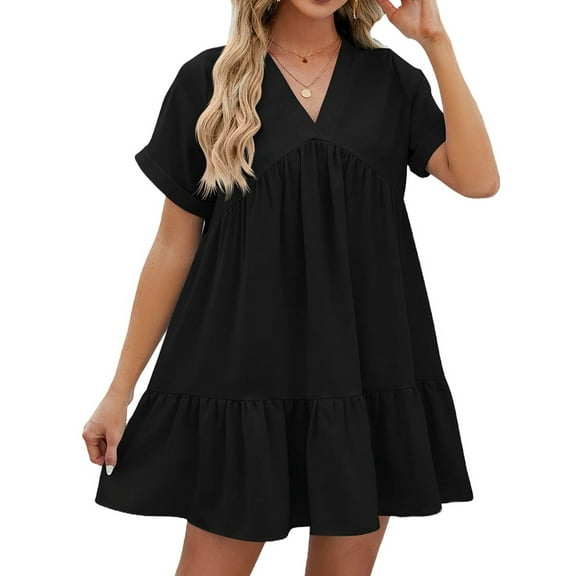 Summer Dresses for Women 2025 Vacation Short Sleeve V Neck Mini T Shirt Dress Pleated Ruffle Flowy Beach Black L