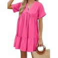 thumbnail image 1 of Summer Dresses for Women 2025 Vacation Short Sleeve V Neck Mini T Shirt Dress Pleated Ruffle Flowy Beach Rose Red S, 1 of 9