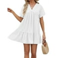 thumbnail image 1 of Summer Dresses for Women 2025 Vacation Short Sleeve V Neck Mini T Shirt Dress Pleated Ruffle Flowy Beach White L, 1 of 9