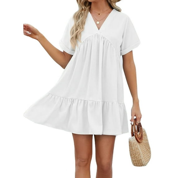 Summer Dresses for Women 2025 Vacation Short Sleeve V Neck Mini T Shirt Dress Pleated Ruffle Flowy Beach White L