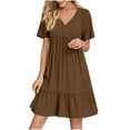 thumbnail image 1 of Summer Dresses for Women 2025 Vacation Short Sleeve v Neck Mini T Shirt Dress Pleated Ruffle Flowy Beach Sundresses, 1 of 9
