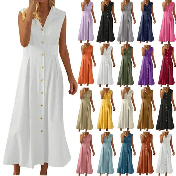 Summer Dresses for Women 2025 White Cotton and Linen Turndown Collar Sleeveless Causal Button Fashion Plus Size S-2XL Up to 65% off!