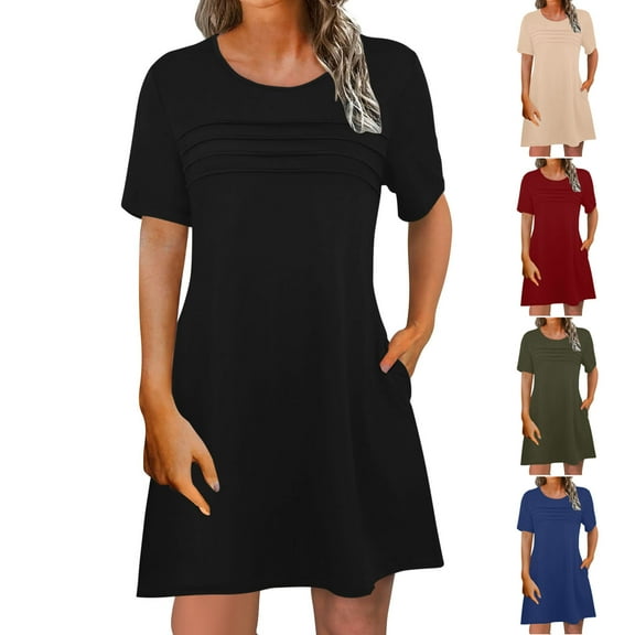 Summer Dresses for Women 2025, Woman Fashion Comfortable Summer Solid Color Short Sleeve Round-Neck Dress(Black,S)