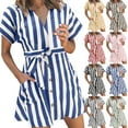 thumbnail image 1 of Summer Dresses for Women 2025, Women And Linen V-neck Button Up Shirt Cardigan Belt Striped Shirt Dress With Pocket(Black,S), 1 of 8