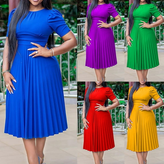 Summer Dresses for Women 2025, Women Fashion Color Round Neck Temperament Crimping Waist Retraction Dress(Blue,L)