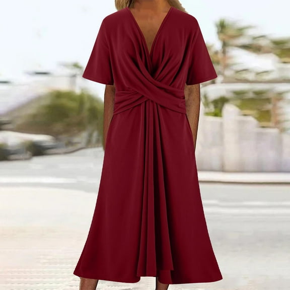 Summer Dresses for Women 2025 Women Fashion Summer Spring-Neck Solid Short Sleeve Casual Loose Dress Womens Summer Dress Red M