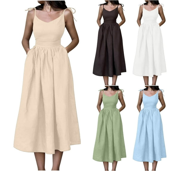Summer Dresses for Women 2025, Women Solid Color Elegant And Sexy Strapless-neck Strap Dress(Beige,L)
