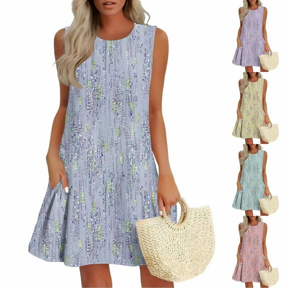 Summer Dresses for Women 2025, Women Summer Casual Non Positioning Printed Side Pleated Round Neck Dress(Light Blue,S)
