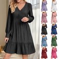 thumbnail image 1 of Summer Dresses for Women 2025, Women Summer V-neck Loose Solid Color Pleated Casual High Waisted Lace Long Sleeved Dress(Black,L), 1 of 6