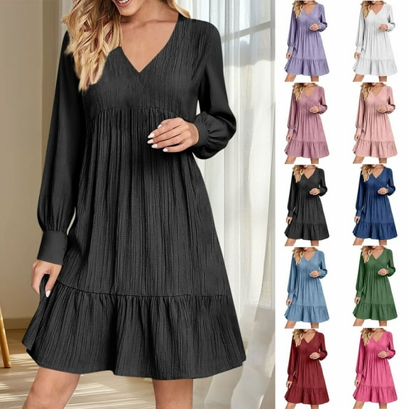 Summer Dresses for Women 2025, Women Summer V-neck Loose Solid Color Pleated Casual High Waisted Lace Long Sleeved Dress(Black,L)