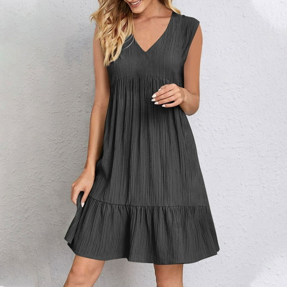 Summer Dresses for Women 2025, Women Summer V-neck Loose Solid Color Pleated Casual High Waisted Lace Sleeveless Dress(Dark Gray,L)