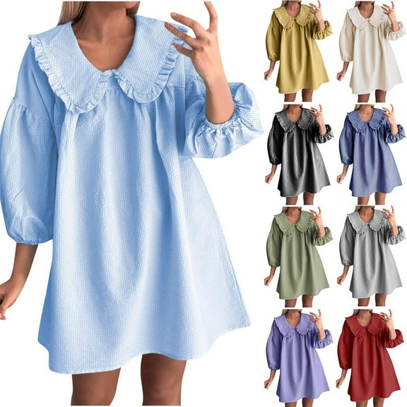 Summer Dresses for Women 2025, Women's 3/4 Puff Sleeve Plaid Mini Dress Lapel Doll Collar Loose Dress(Black,S)