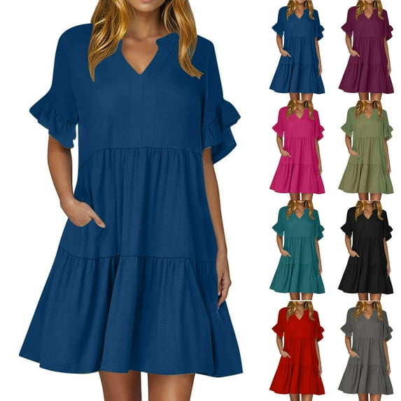 Summer Dresses for Women 2025, Women's Casual Summer Dress Spring Short Sleeve Dress With Pockets Beach A Line Casual Dress(Black,S)