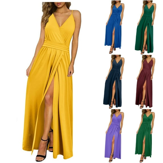 Summer Dresses for Women 2025, Women's Solid Color Camisole Waist Cinching Waistline Pleated Hanging Long Dress(Dark Green,L)