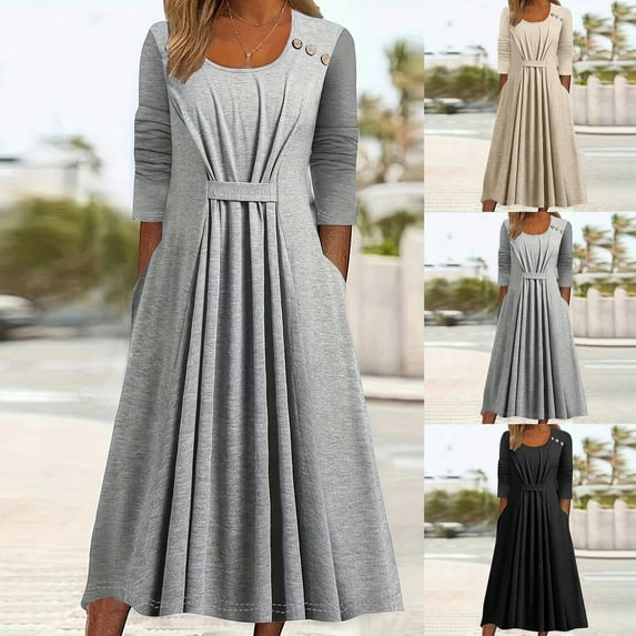 Summer Dresses for Women 2025, Women's Solid Color Long Sleeved Button Pleated Dress(Black,S)