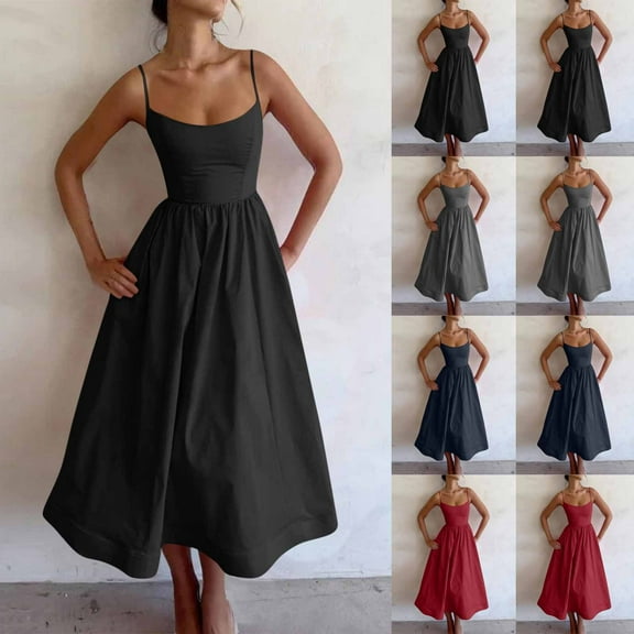 Summer Dresses for Women 2025, Women's Solid Color Sexy Round Neck With Waist Cinched Pleated Suspender And Large Hem Dress(Black,S)