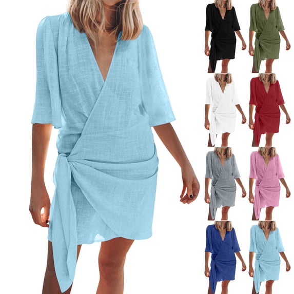 Summer Dresses for Women 2025, Women's Solid Color Spring/summer Short Sleeved V-neck Easy Breezy Linen Knotted Wrap Mini Dress(Black,S)
