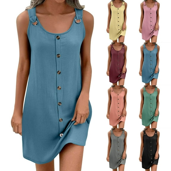 Summer Dresses for Women 2025, Women's Solid Color Suspender V-neck Double-layer Crepe Button Up Dress With Pockets(Black,S)