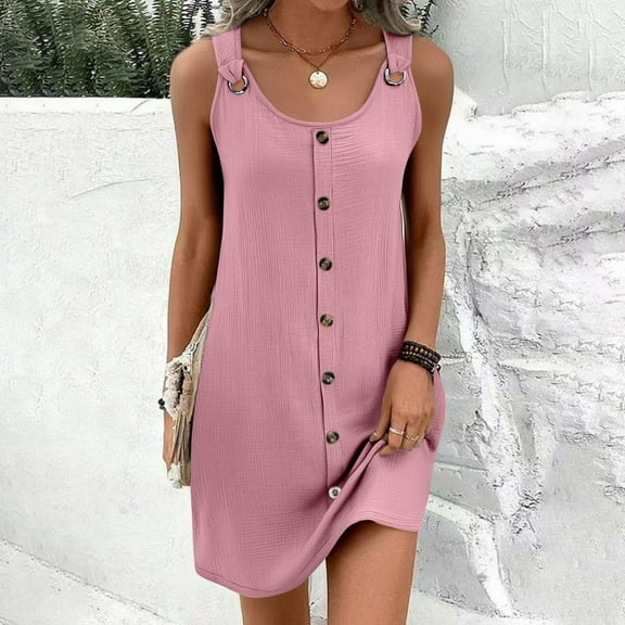 Summer Dresses for Women 2025, Women's Solid Color Suspender V-neck Double-layer Crepe Button Up Dress With Pockets(Pink,S)