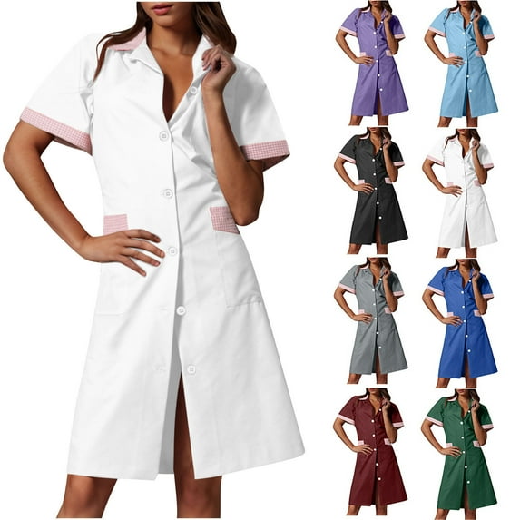 Summer Dresses for Women 2025, Women's Solid Color With Pockets Button Splicing Lapel Caregiver Dress Nurse Dress Work Midi Dress(Black,L)