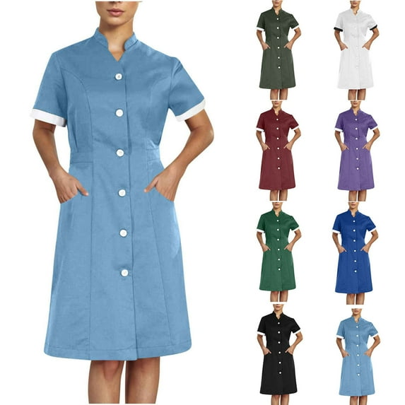Summer Dresses for Women 2025, Women's Solid Color With Pockets Button Splicing Stand-up Collar Caregiver Dress Nurse Dress Work Midi Dress(Black,L)