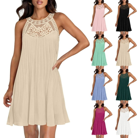 Summer Dresses for Women 2025, Women's Solid Sleeveless Round Neck Sexy Elegant Club Party Tunic Mini Dresses Casual Vacation Dress(Black,S)