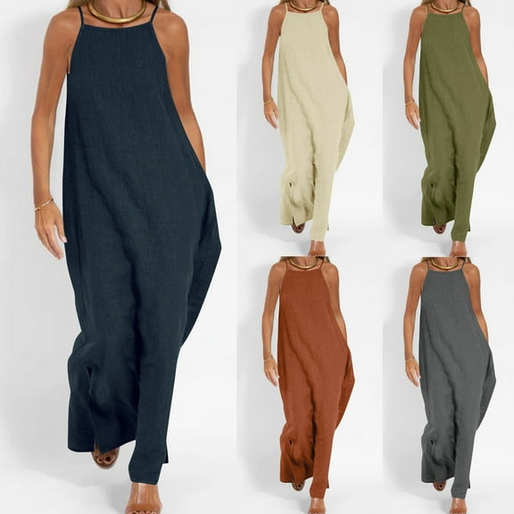 Summer Dresses for Women 2025, Women's Spring And Summer Solid Color Sling Loose Linen Dress(Dark Blue,S)